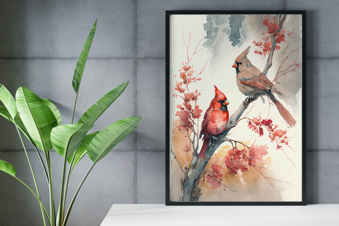 Songbird Northern Cardinal Pair Red Berries Winter Watercolor Print - Image 2