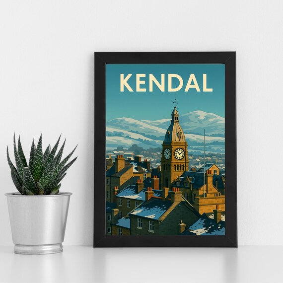 Kendal Cumbria Clock Tower Retro English Market Town Poster Art