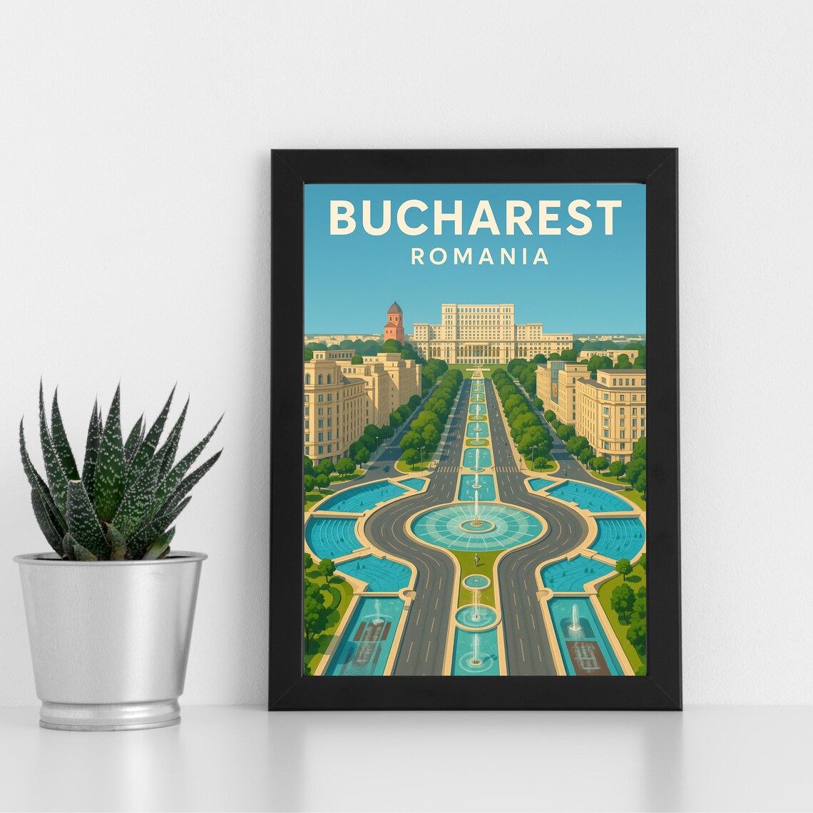 Bucharest Romania Palace Fountains Vintage Retro Travel Poster