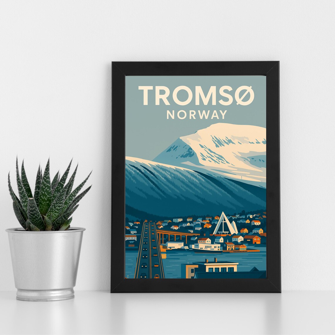 Tromso Norway Arctic Cathedral Snow Mountain Vintage Travel Poster