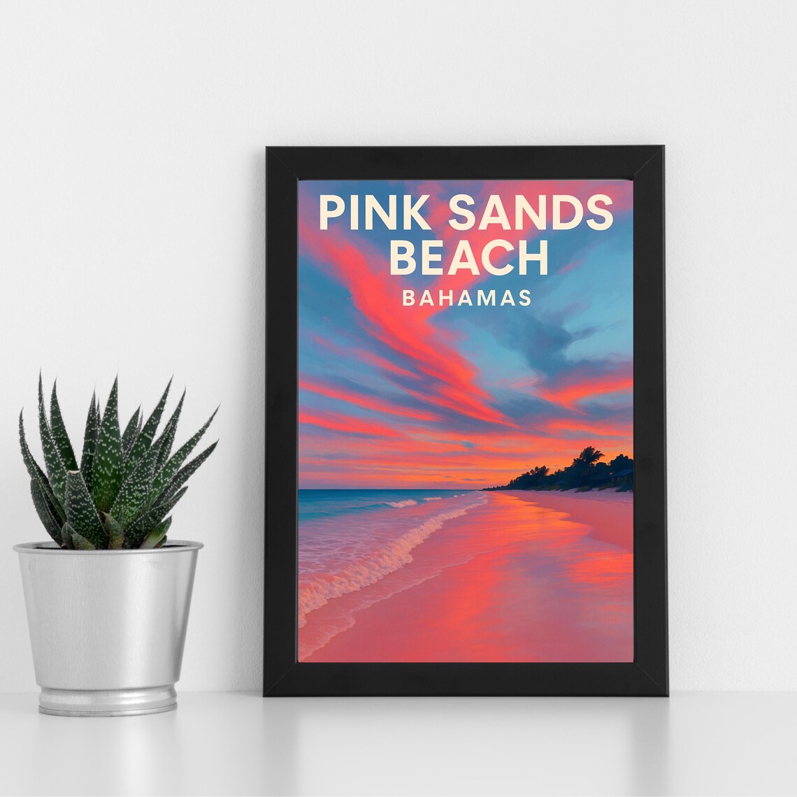 Pink Sands Beach Print Artwork L Bahamas Central America Custom Poster Postcard Framed Greeting Card Portrait