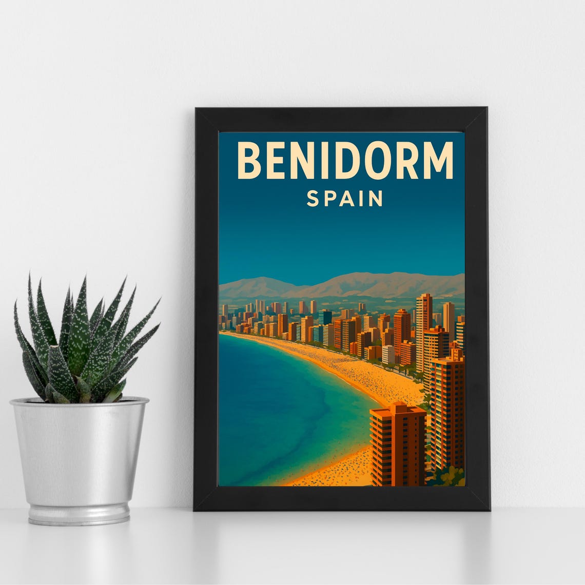 Benidorm Spain Beach Skyline High Rises Vintage Travel Poster