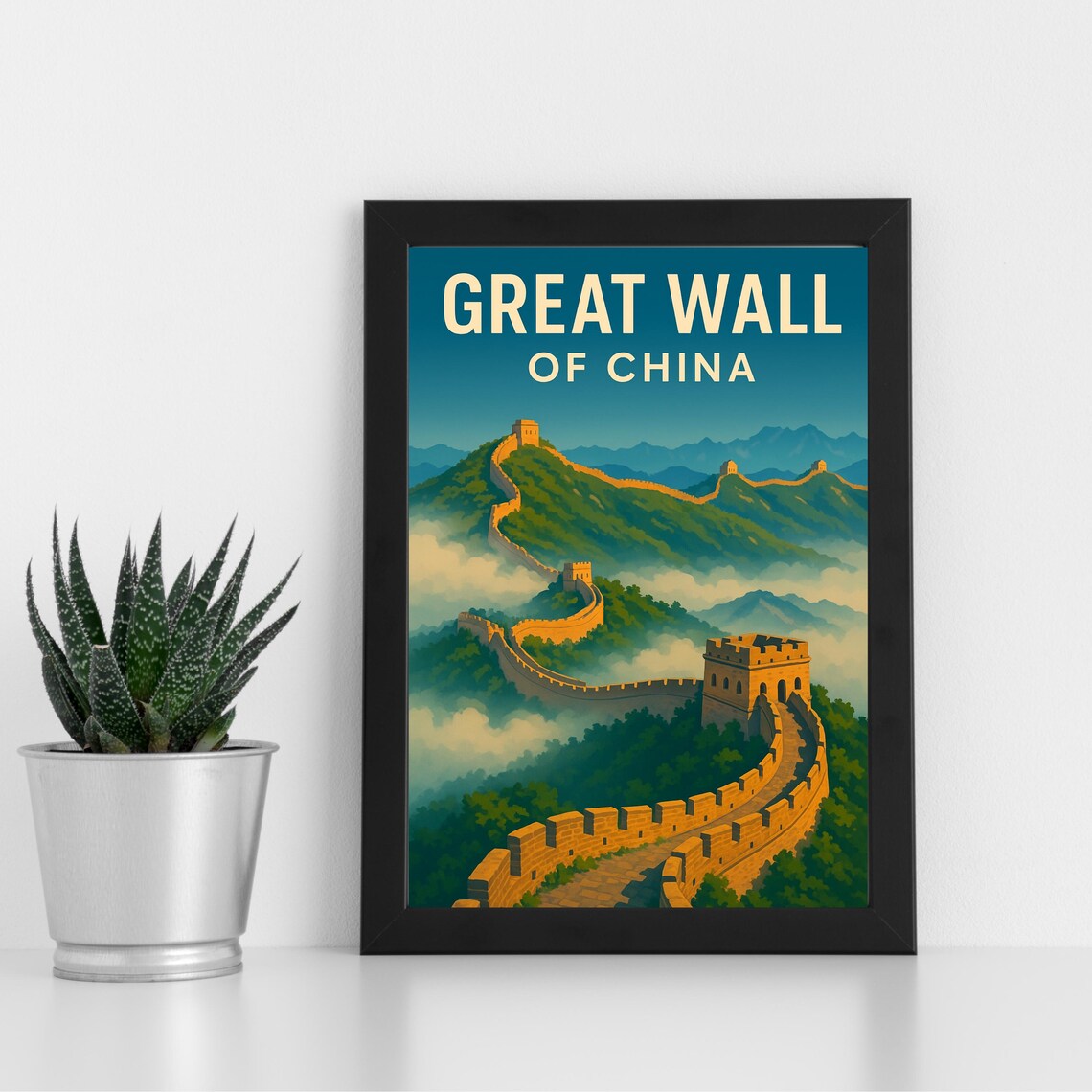 Great Wall of China Mountain Ridges Mist Vintage Travel Poster
