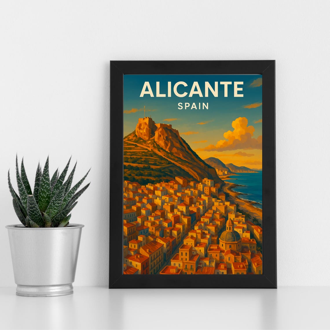 Alicante Spain Castle Hill Coastal Old Town Bay View Travel Poster