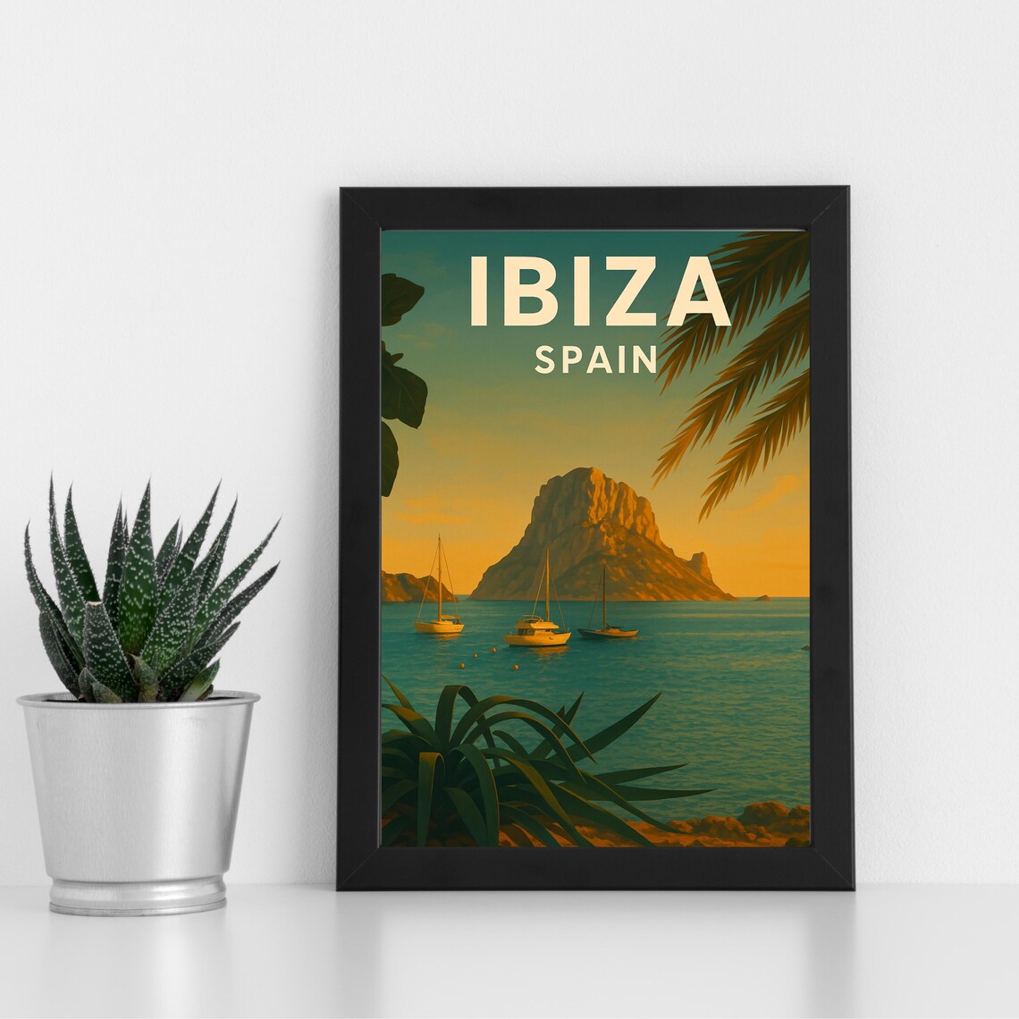 Ibiza Spain Es Vedra Rock Sailboats Sunset Coast Travel Poster