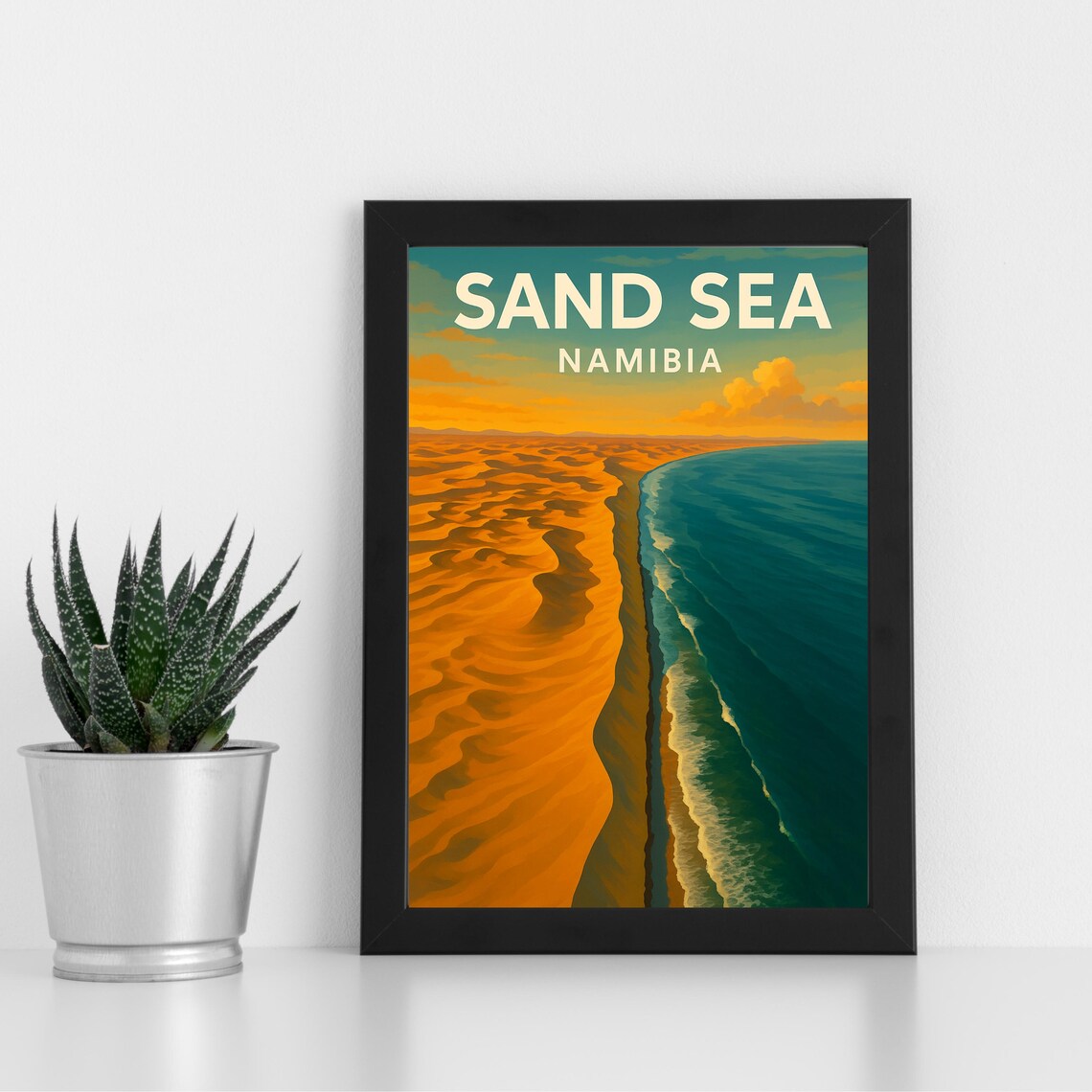 Sand Sea Namibia Desert Dunes Meeting Ocean Shore Travel Poster