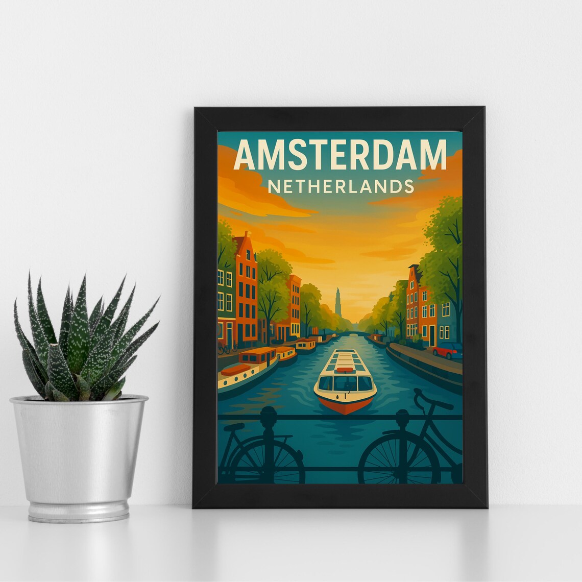 Amsterdam Netherlands Canal Boat Bicycle Retro Travel Poster