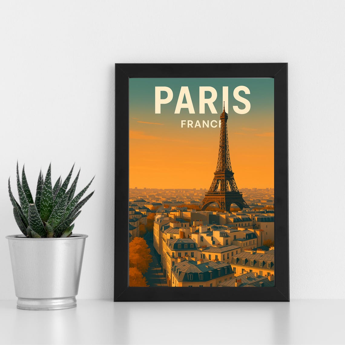 Paris France Eiffel Tower Rooftops Sunset Retro Travel Poster