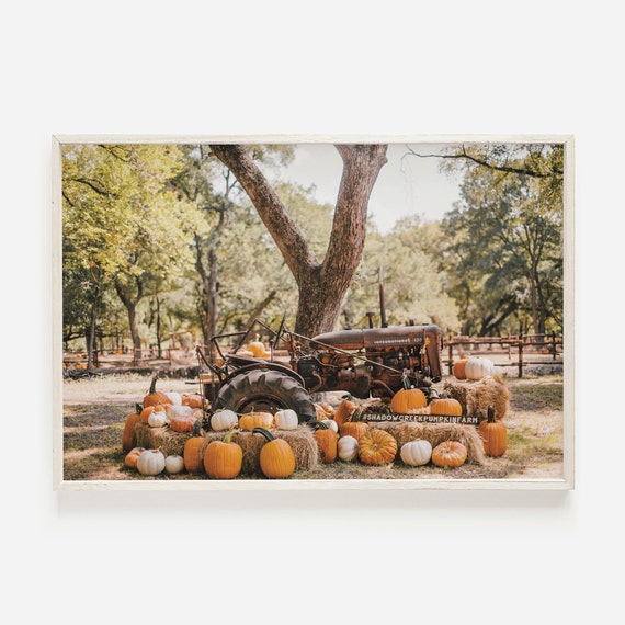 Pumpkin Patch Tractor Art Print, Rustic Autumn Decor