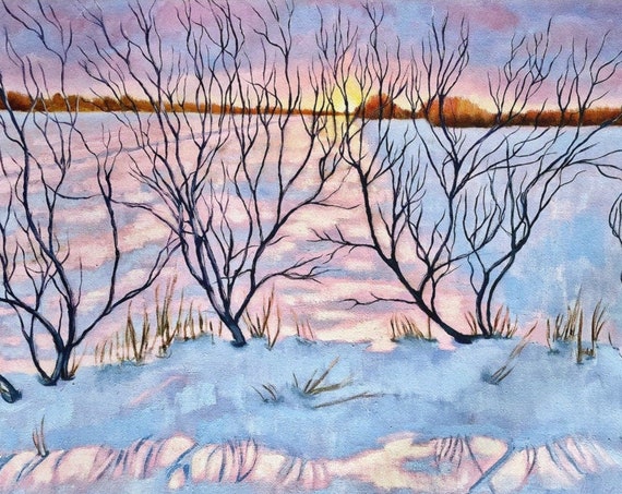 Winter Landscape Art Canvas Snowy Sunrise Print For Home Decor
