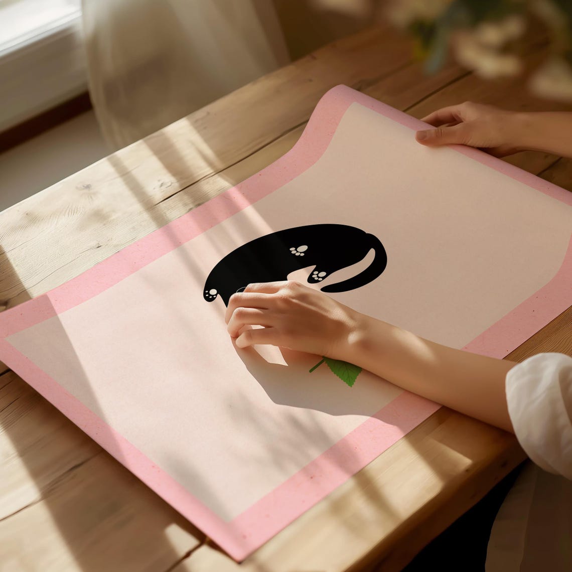 Curious Black Cat Reaching for a Green Leaf Pink Minimalist Poster - Image 4