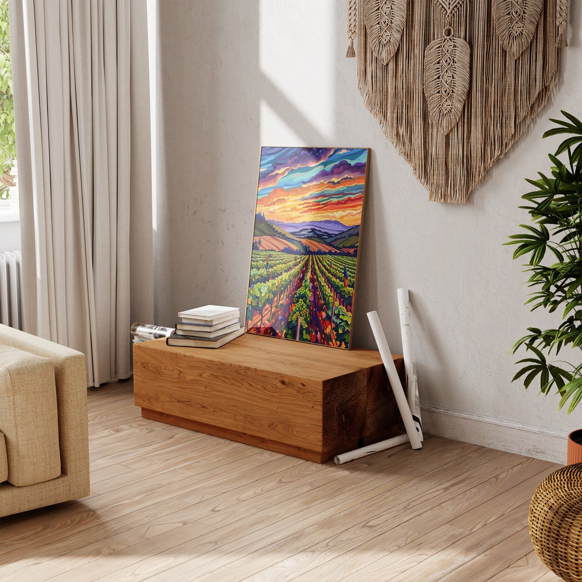 Vineyard Rows Dramatic Sunset Swirling Sky Rolling Hills Poster - Image 5