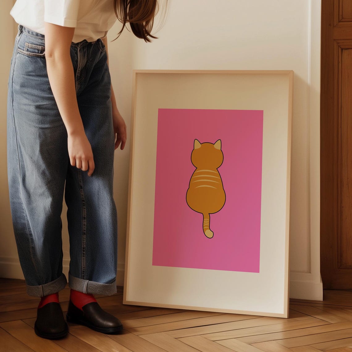 Orange Tabby Cat Back View on Bright Pink Minimalist Art Poster - Image 5