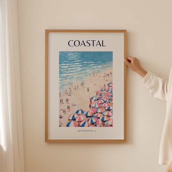 Coastal Striped Umbrellas Turquoise Ocean Scene Art Poster No. 11