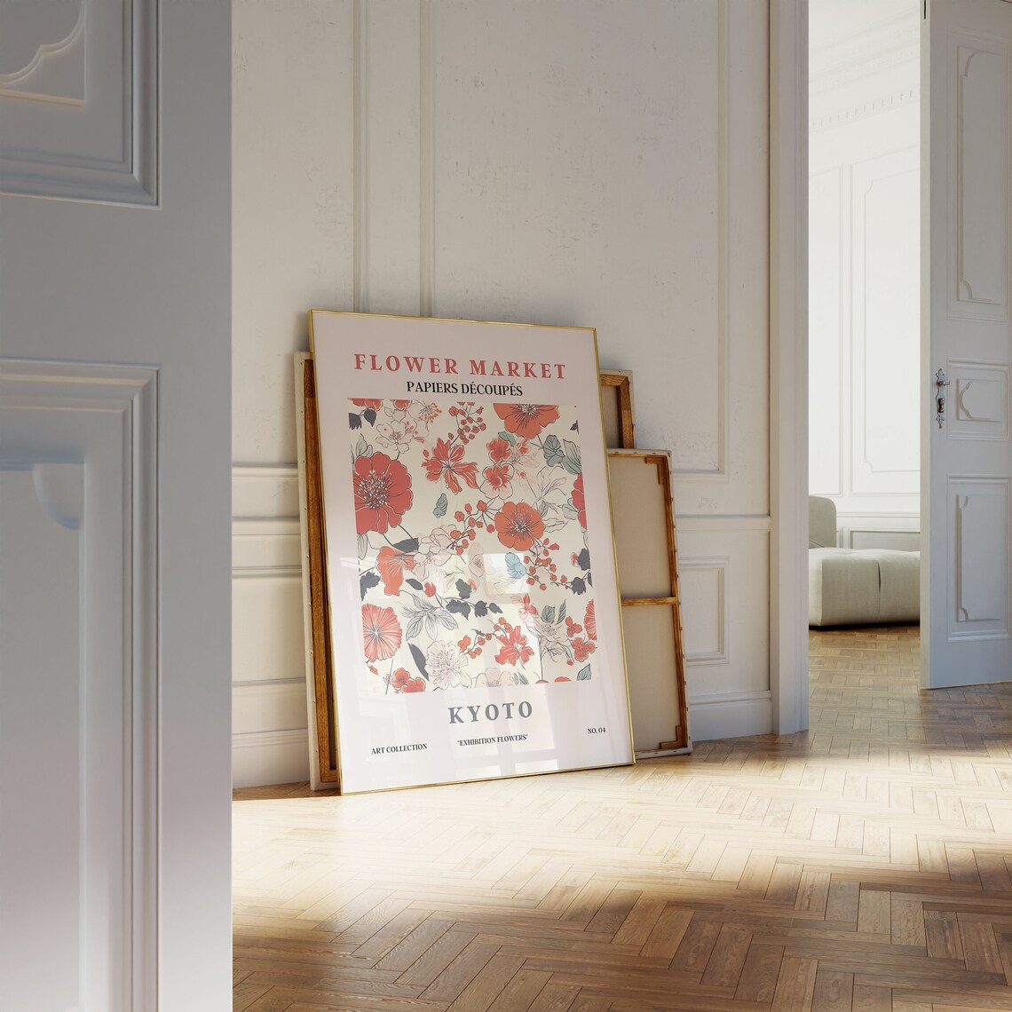 Flower Market Kyoto Red Orange Blossom Teal Accents Pattern Poster - Image 2