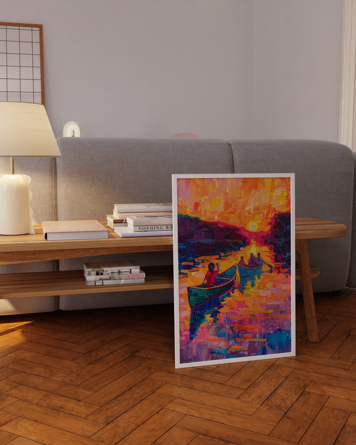 Two Canoes on Golden Water at Sunset Impressionist Painting Poster - Image 3