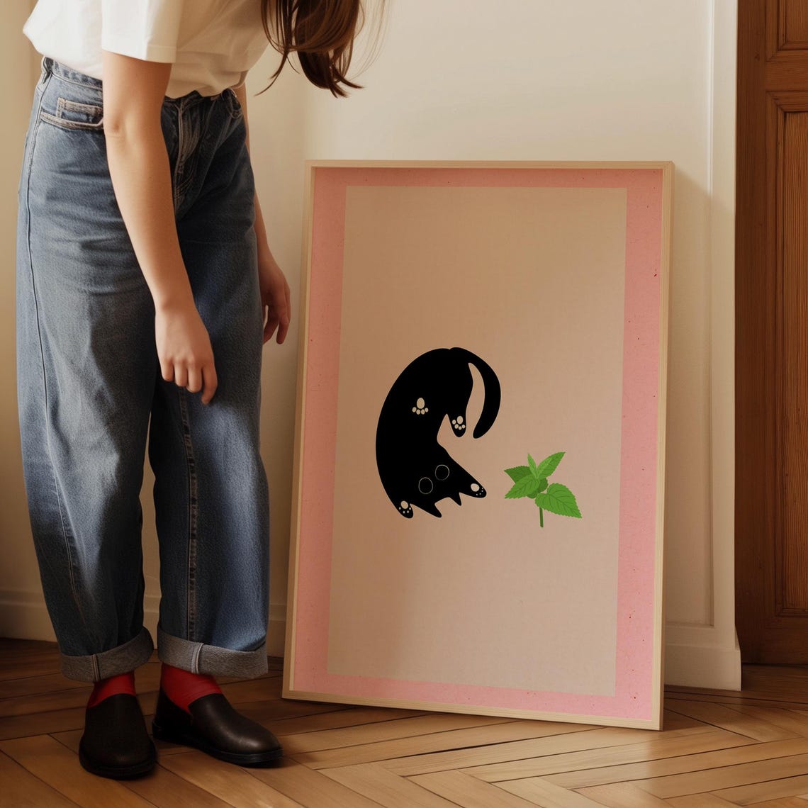 Curious Black Cat Reaching for a Green Leaf Pink Minimalist Poster - Image 5
