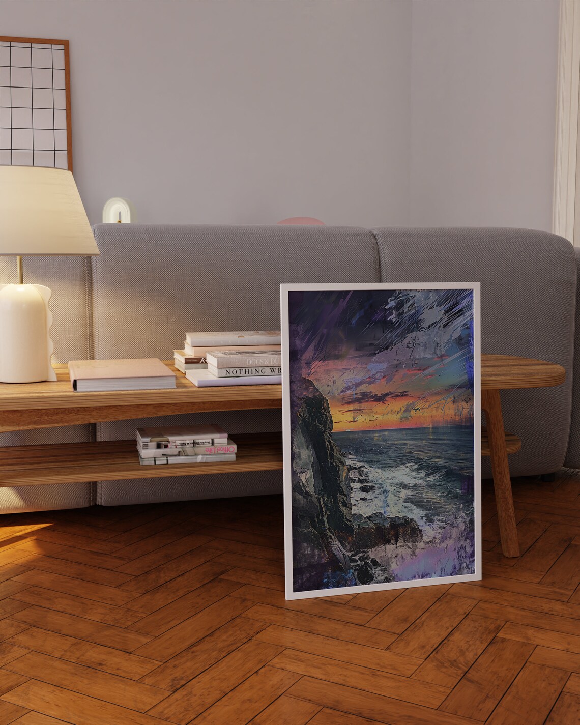 Rocky Coastline Sunset Orange Purple Sky Ocean Waves Art Poster - Image 3