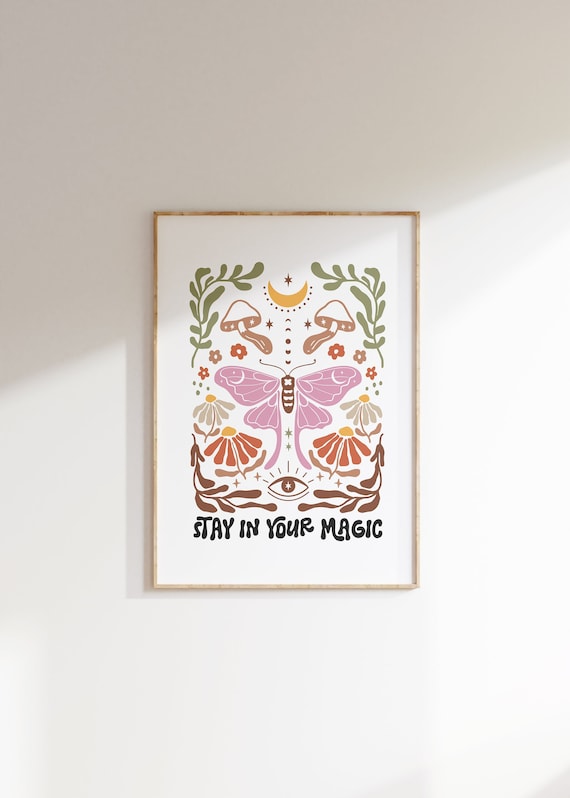 Stay In Your Magic Mystical Butterfly Poster With Flower Market Print Boho Wall Art Indie Room Decor Retro Wall Art Botanical Print
