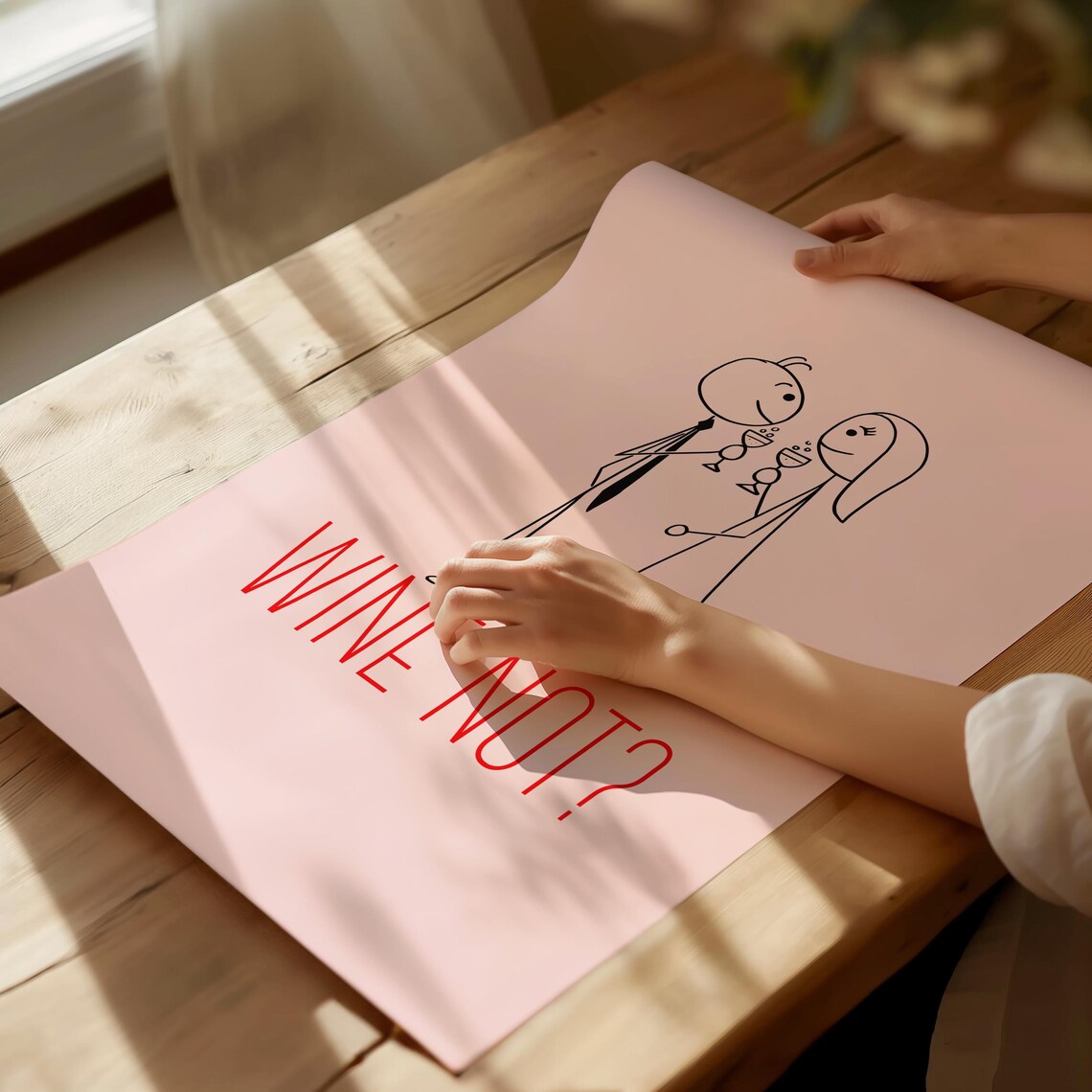 Wine Not Adorable Stick Figure Couple Toasting on Pink Poster - Image 4
