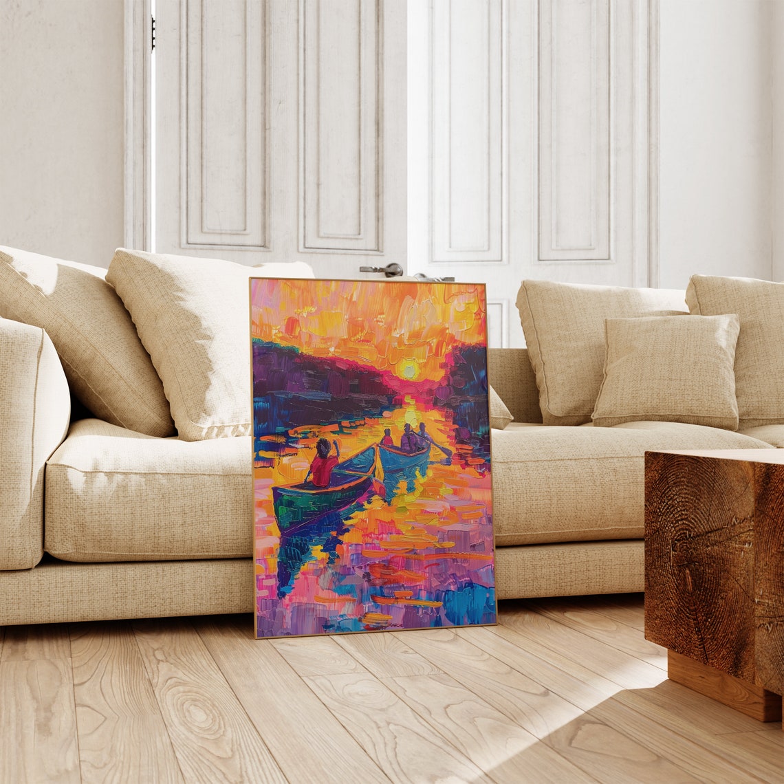 Two Canoes on Golden Water at Sunset Impressionist Painting Poster - Image 4