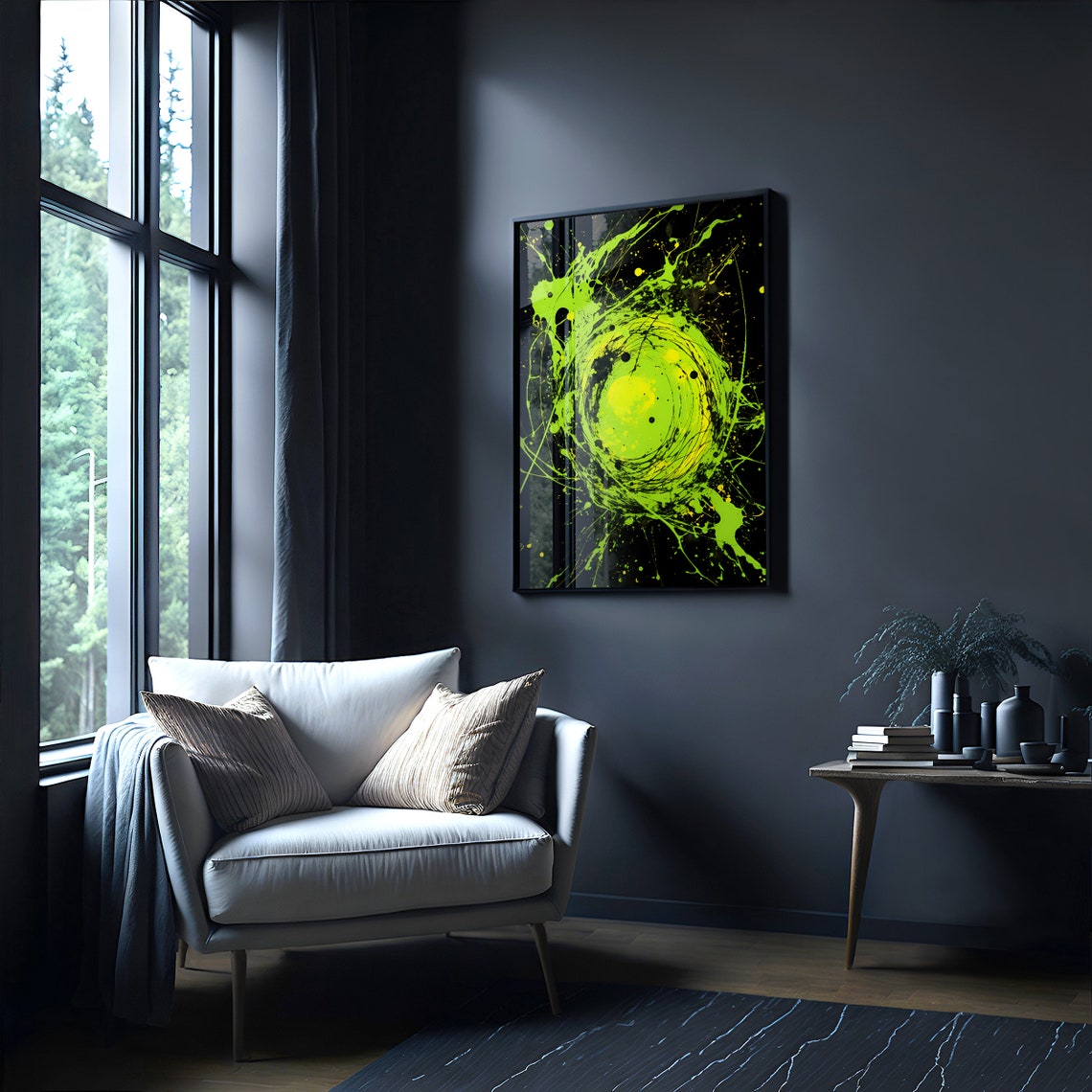 Jackson Pollock Style Lime Green Swirl Black Abstract Art Poster - Image 4