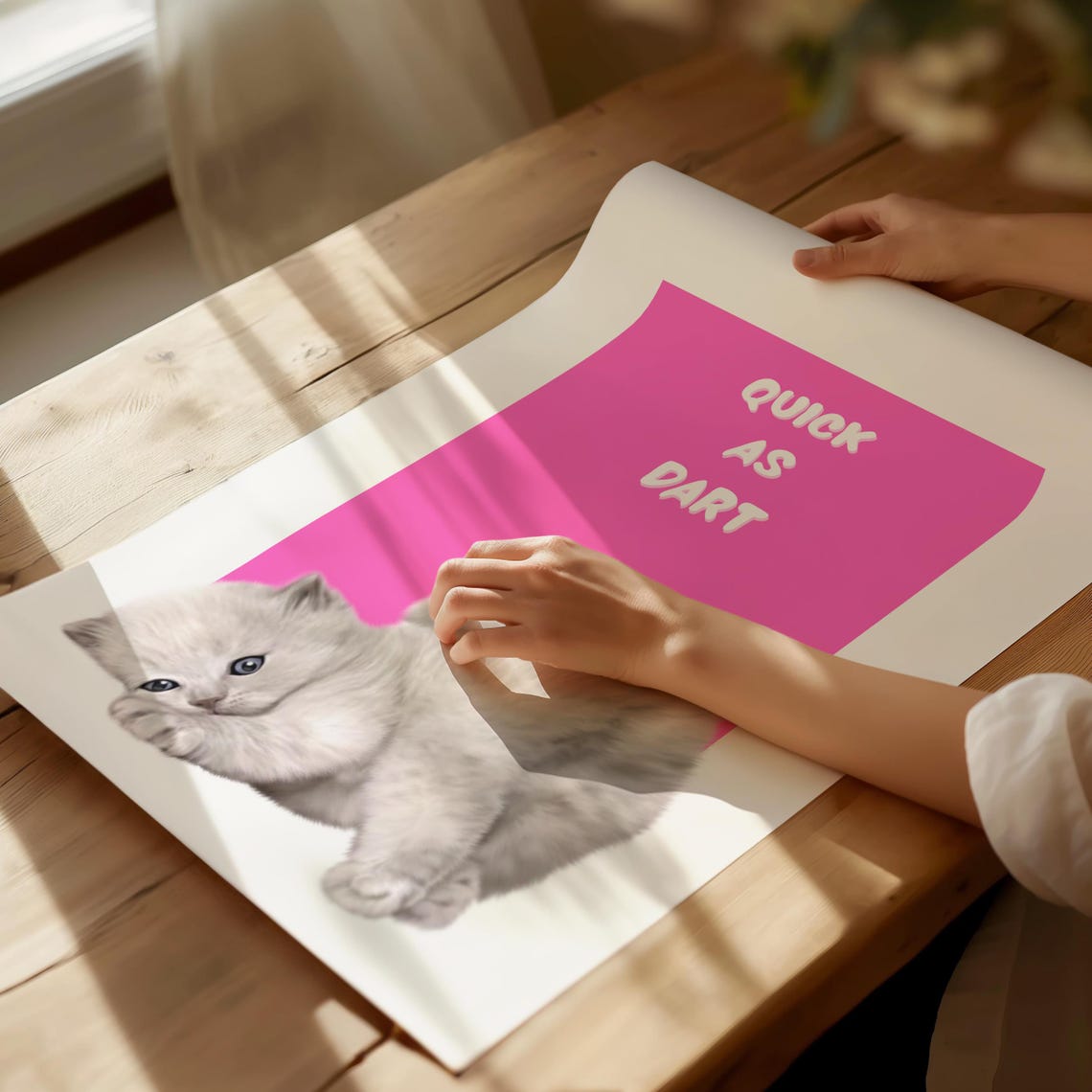 Quick as Dart Playful White Kitten on Bright Pink Background Poster - Image 4
