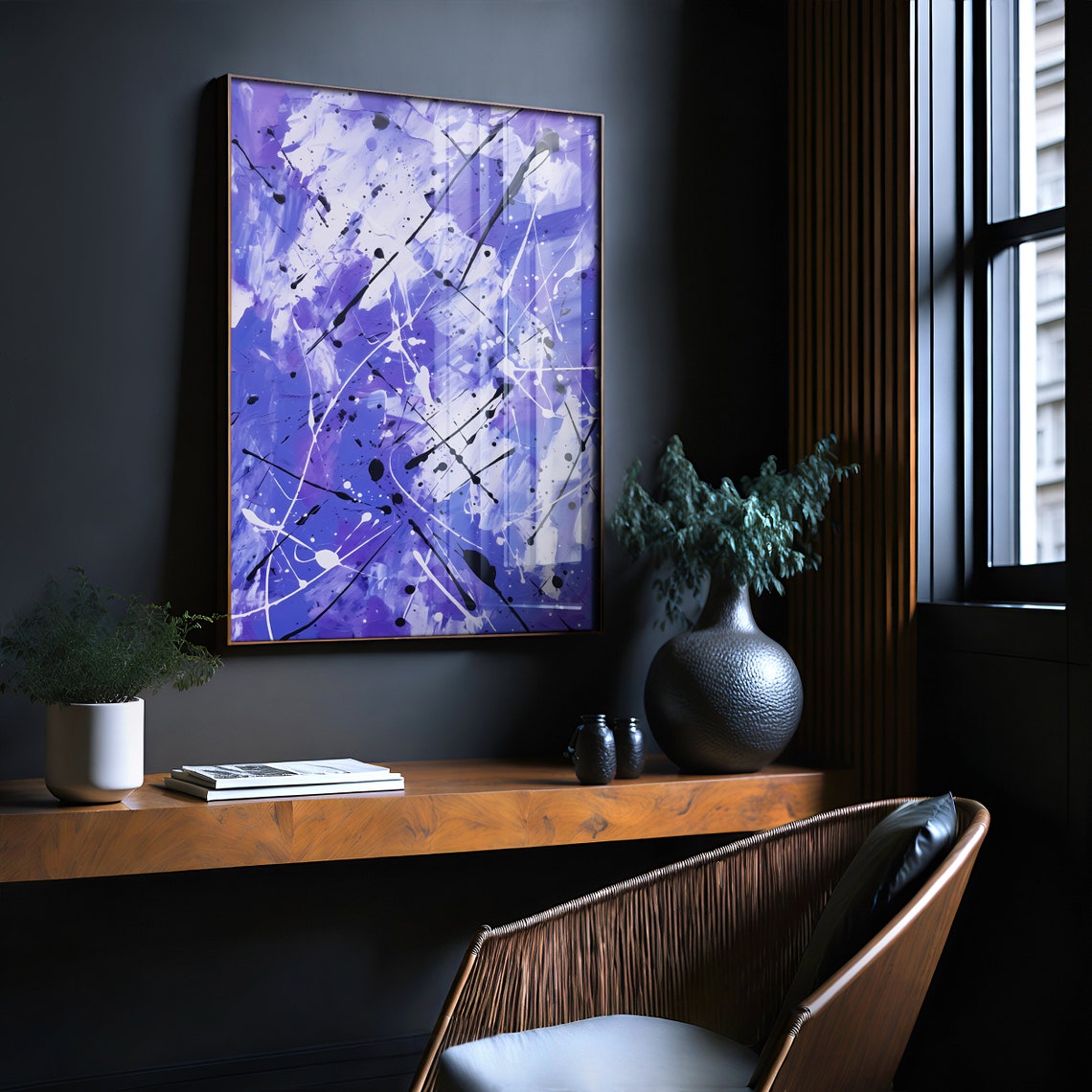 Jackson Pollock Style Purple White Drip Splatter Abstract Art Poster - Image 2