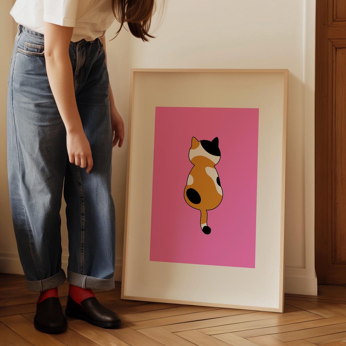 Calico Cat Back View on Pink Minimalist Pop Art Style Poster - Image 5