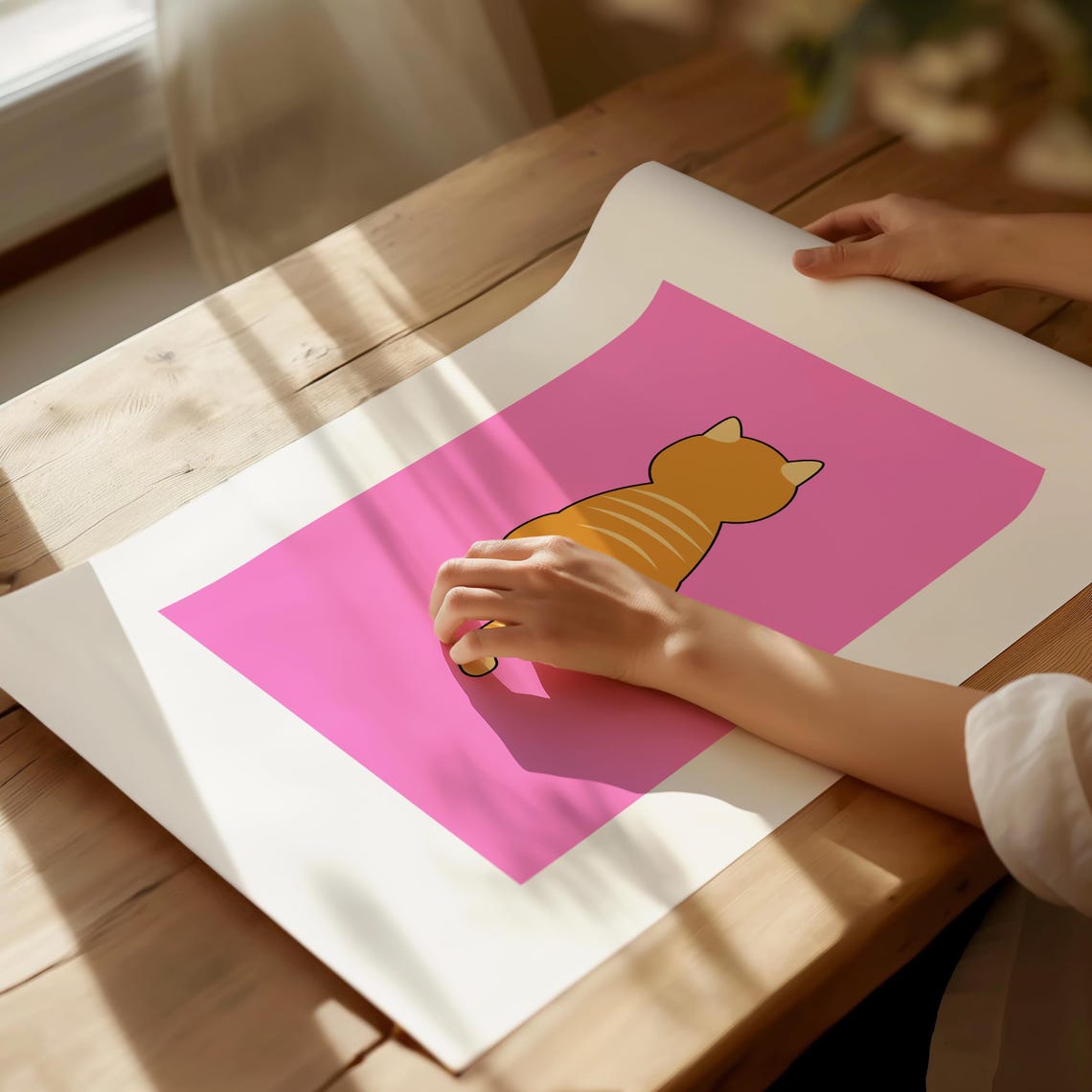 Orange Tabby Cat Back View on Bright Pink Minimalist Art Poster - Image 4