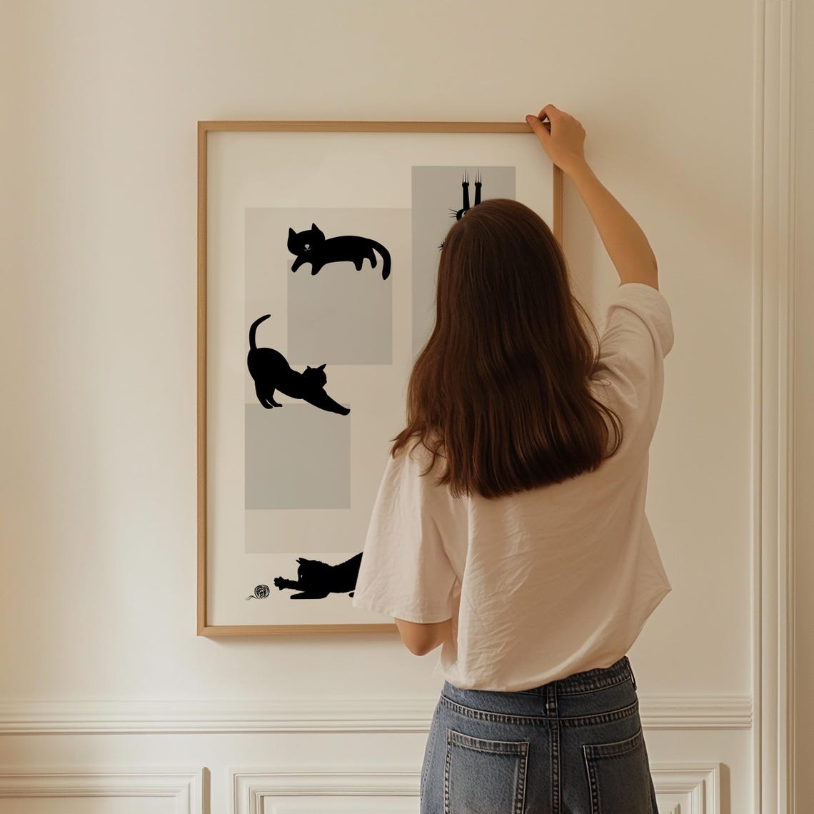Playful Black Cat Silhouettes Minimalist Grey Blocks Art Poster - Image 3