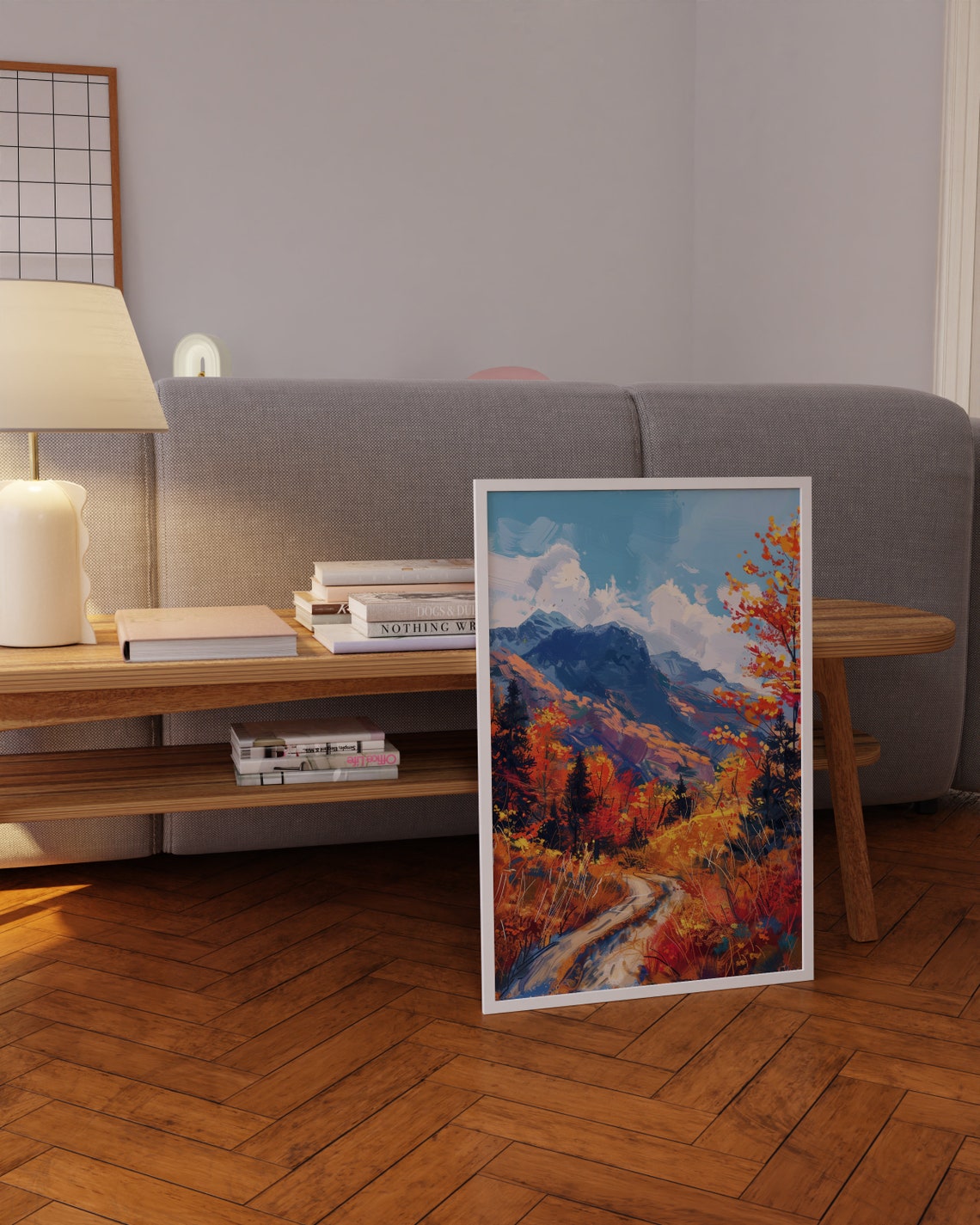 Autumn Valley Path Fiery Orange Trees Blue Mountain Art Poster - Image 4