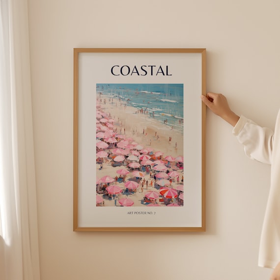Coastal Aerial Pink Umbrellas Shoreline View Art Poster No. 7