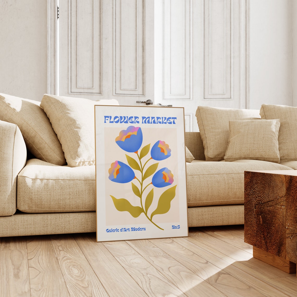 Flower Market Blue Poppy Bloom Gold Leaves Groovy Modern Art Poster - Image 3