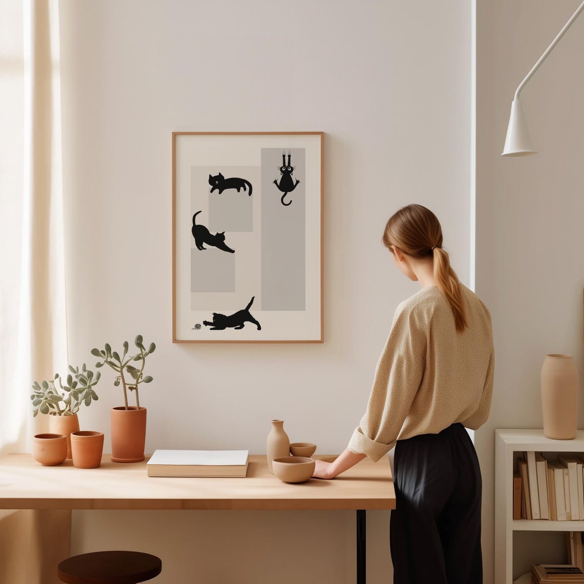 Playful Black Cat Silhouettes Minimalist Grey Blocks Art Poster - Image 2
