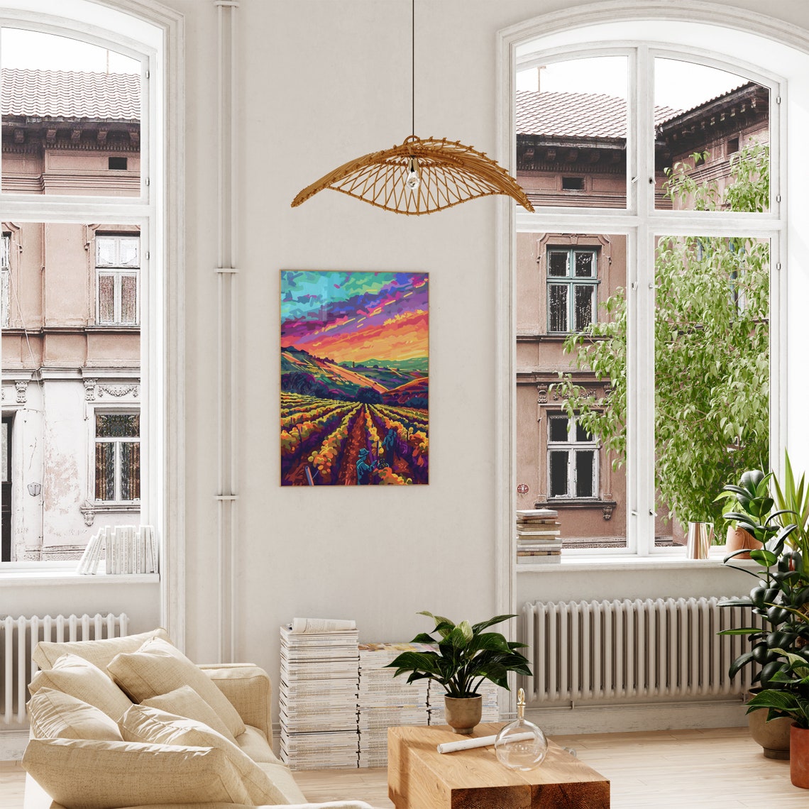 Vineyard Sunrise Harvesters Rainbow Sky Rows Colorful Poster - Image 2
