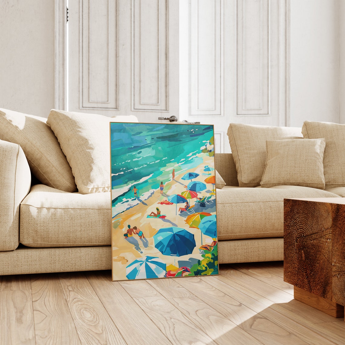 Aerial Summer Beach Scene Colorful Umbrellas Swimmers Poster - Image 5