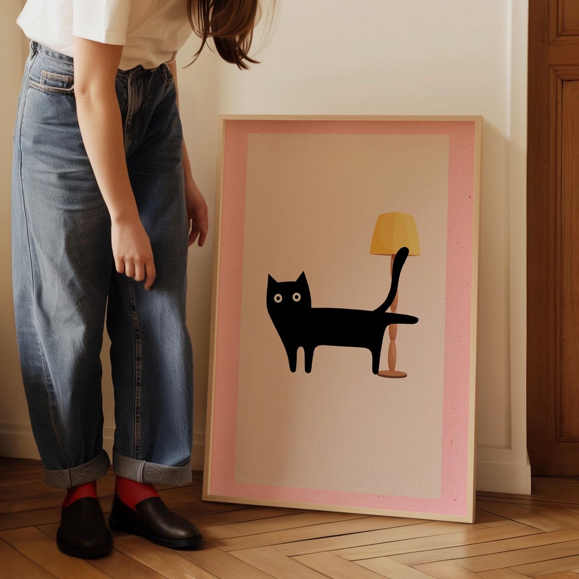 Minimalist Black Cat Silhouette Lamp Pink Frame Modern Poster - Image 5