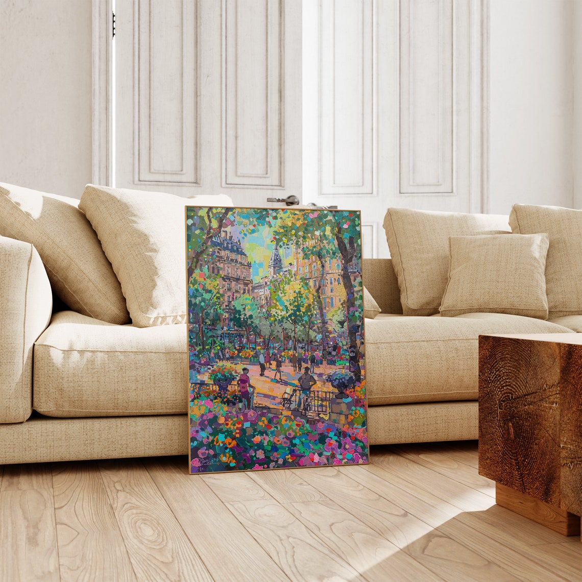 Paris Flower Market Square Mosaic Painting with Cyclists Art Poster - Image 5