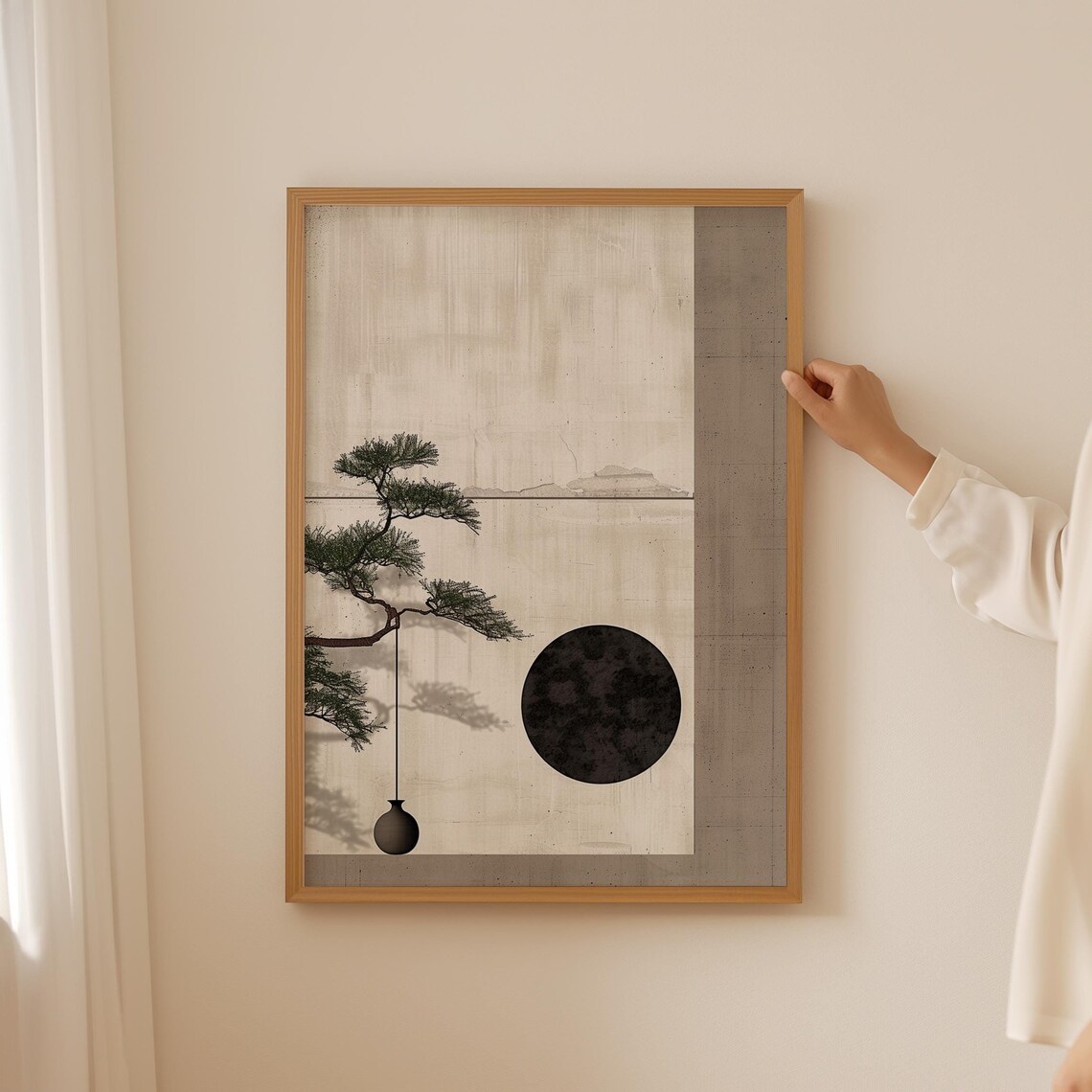 Japanese Minimalist Pine Tree Zen Geometric Beige Art Poster