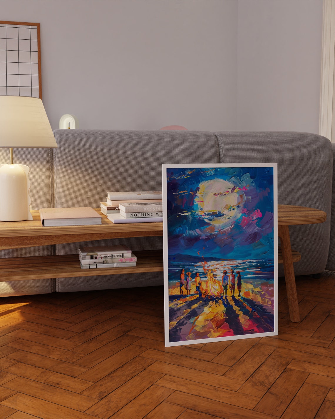 Beach Bonfire Gathering Under Giant Moon Night Ocean Art Poster - Image 5