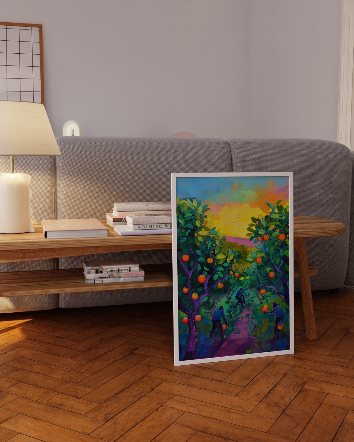 Golden Sunset Orange Orchard Harvest Pickers Colorful Poster - Image 2