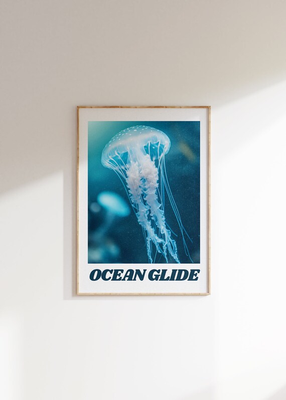 Ocean Glide Jellyfish Poster Beach House Decor Calming Neutral Wall Art Extra Large Ocean Print Minimalist Nautical Decor Blue Wall Art