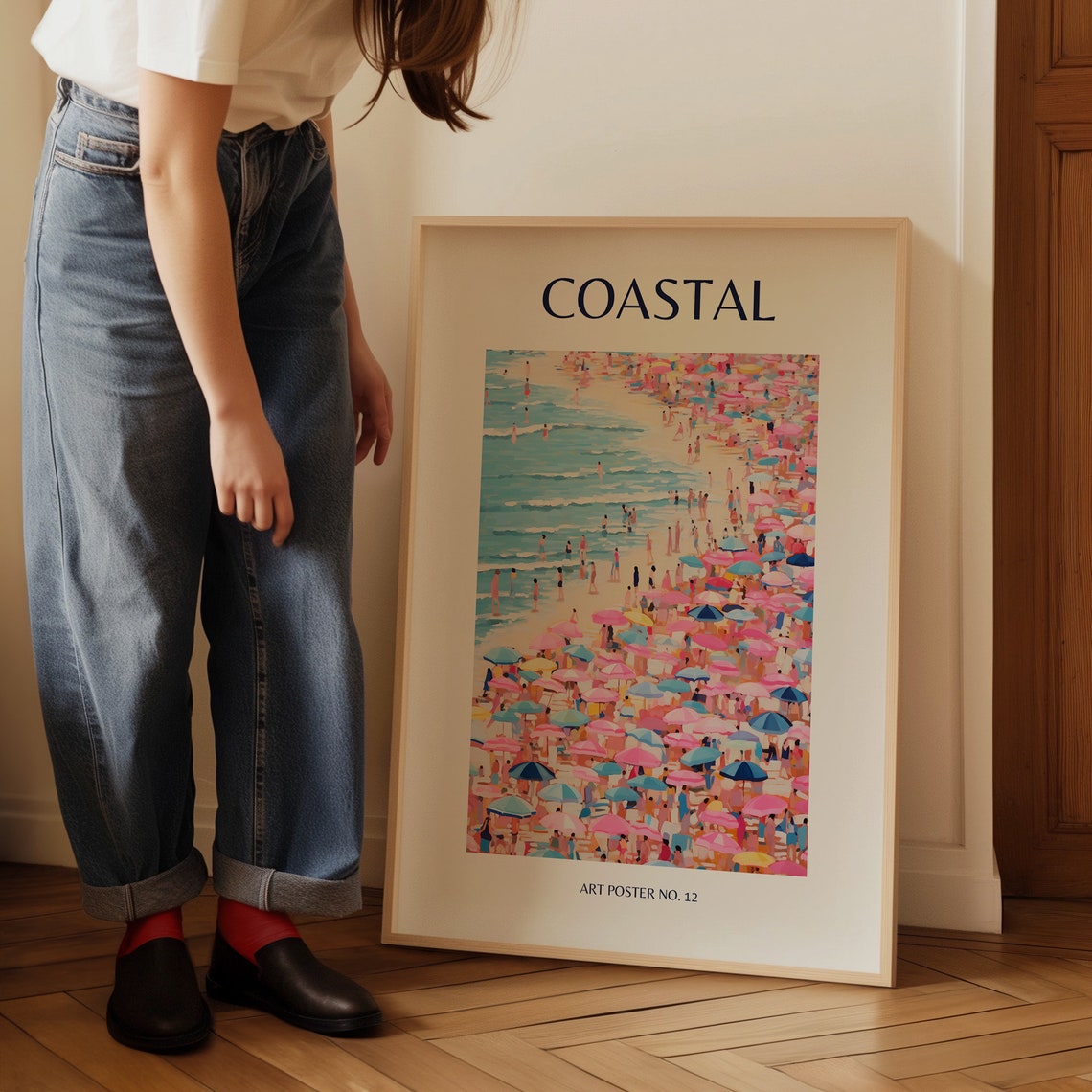 Coastal Beach Umbrellas Pastel Aerial Seaside Summer Art Poster - Image 3