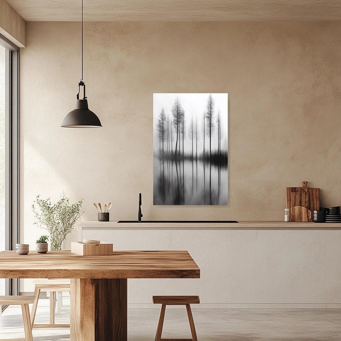 Serene Monochrome Tall Trees Misty Water Reflection Art Poster - Image 3
