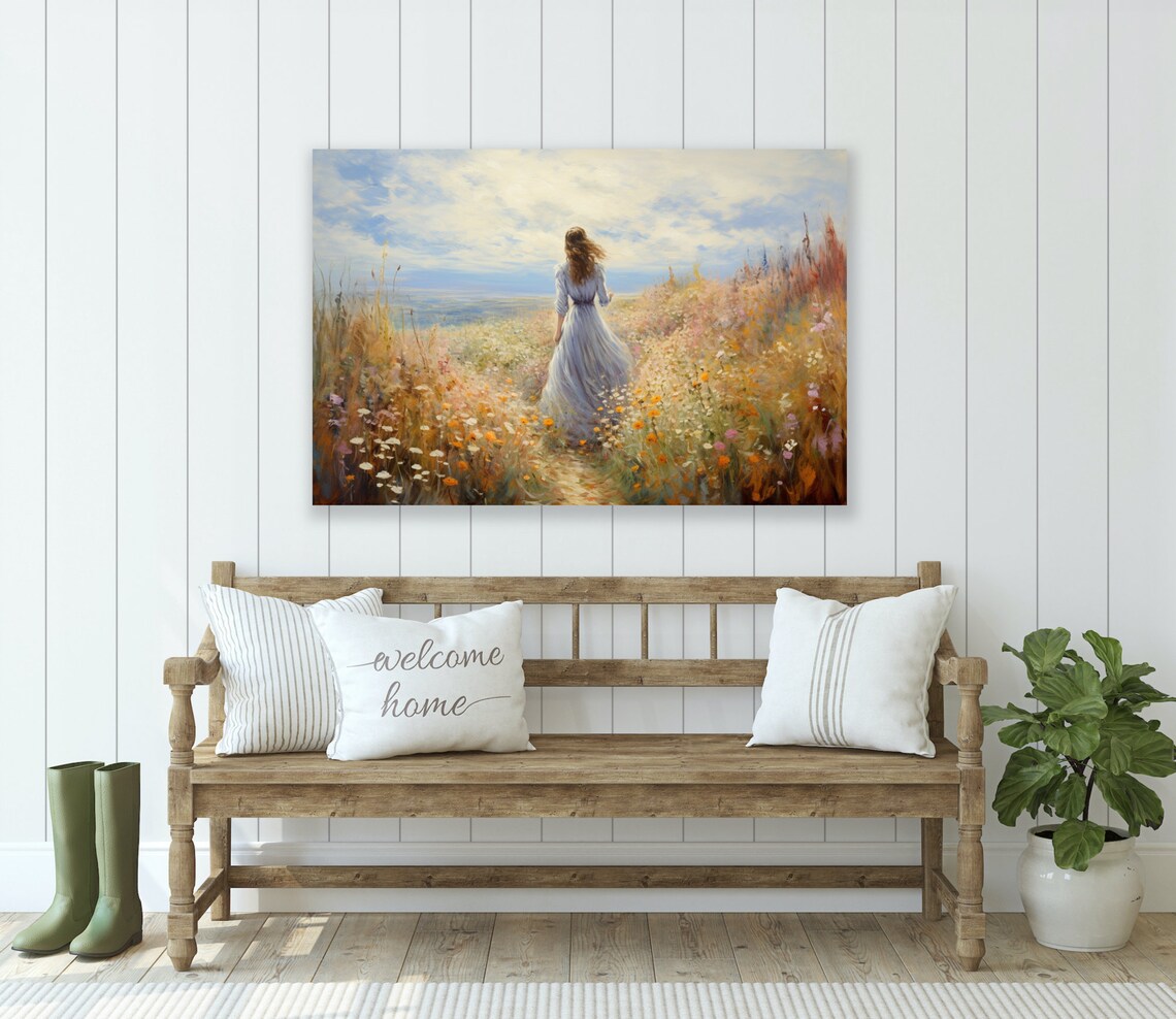 Serene Seascape Girl Among Coastal Wildflowers Meadow Poster - Image 2