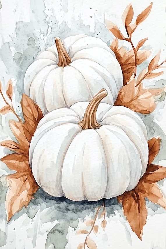 Two White Pumpkins Watercolor Fall Still Life Home Wall Poster