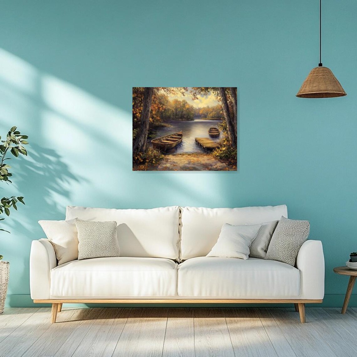 Autumn Lake With Rowboats And Wooden Dock Impasto Art Poster - Image 2