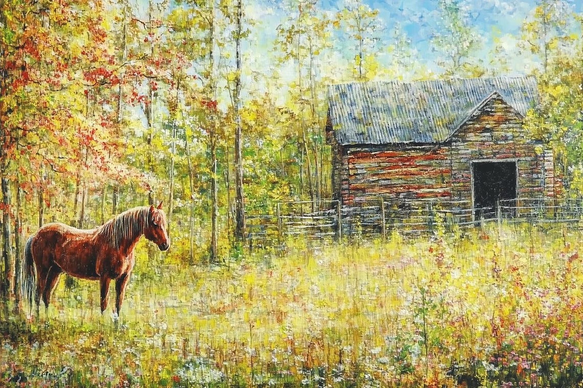 Golden Chestnut Horse Rustic Barn Autumn Meadow Country Poster