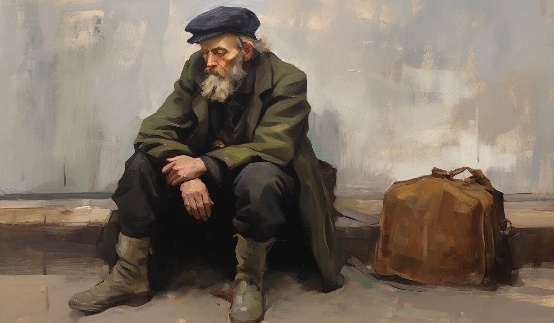 Somber Social Realist Painting Elderly Homeless Man Cap Satchel Poster